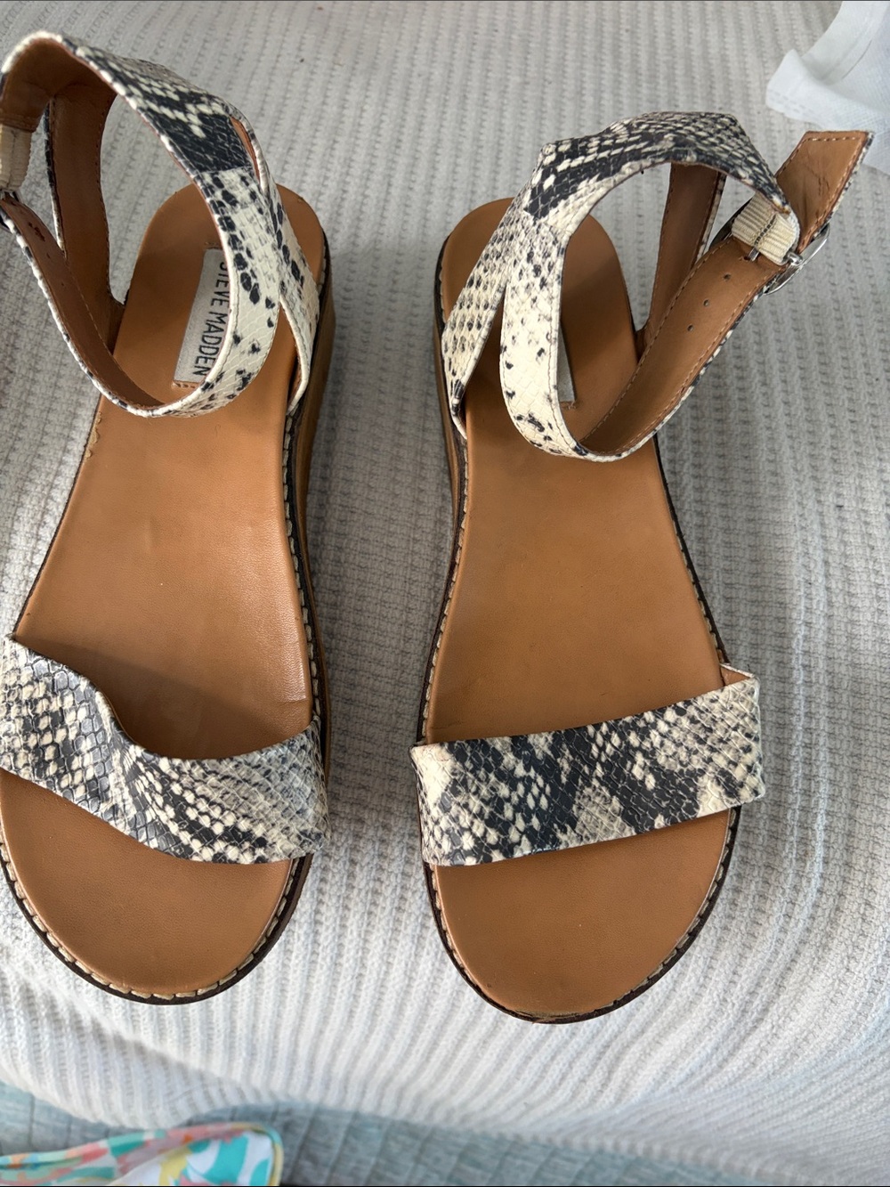 Steve Madden Leather Upper Snake-Print Ankle-Strap Sandals in Black & Cream